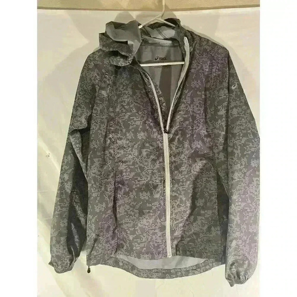 Asics Womens Gray Packable Jacket Size L Zip Up Hooded Windbreaker Jacket - Picture 1 of 10